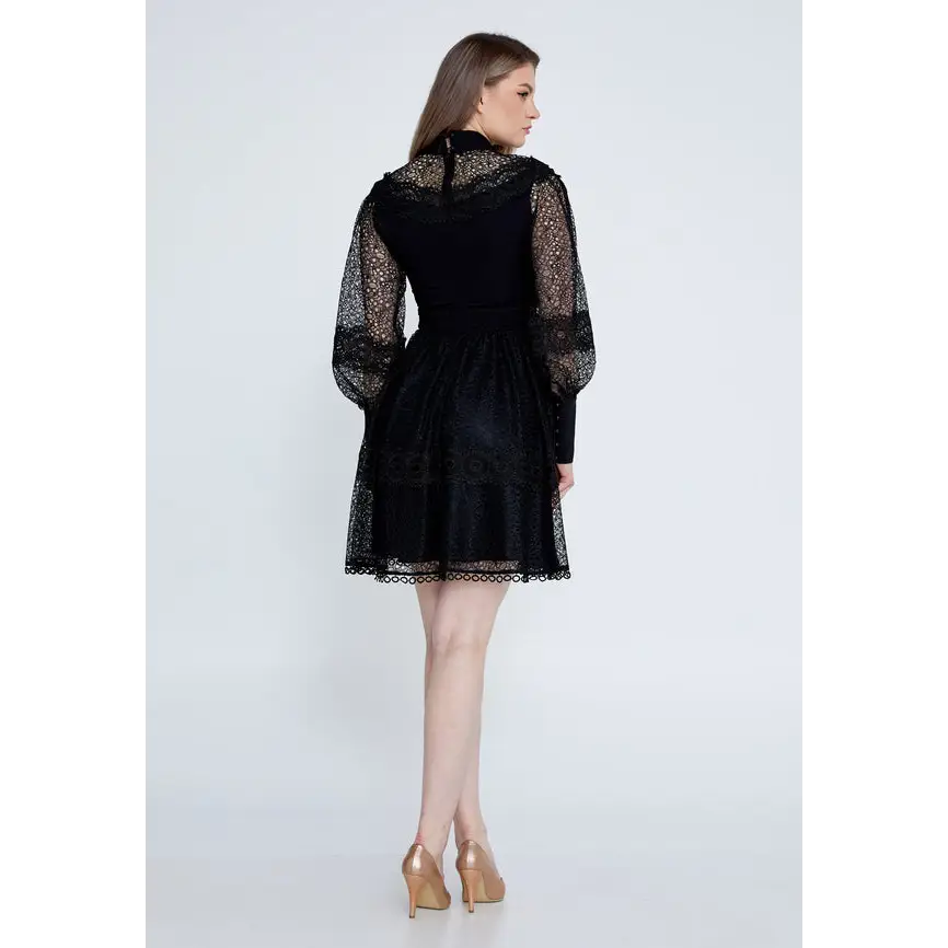 Lace Detail Mini Dress with Long Sleeves - Casual Dress