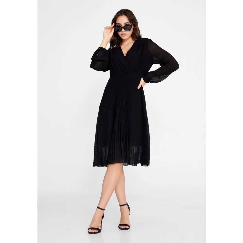Black Chiffon Midi Dress – Sleek Long Sleeve Design - 36 - Casual Dress