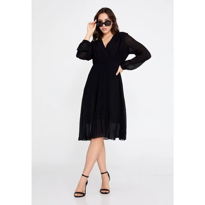 Black Chiffon Midi Dress – Sleek Long Sleeve Design - 36 - Casual Dress