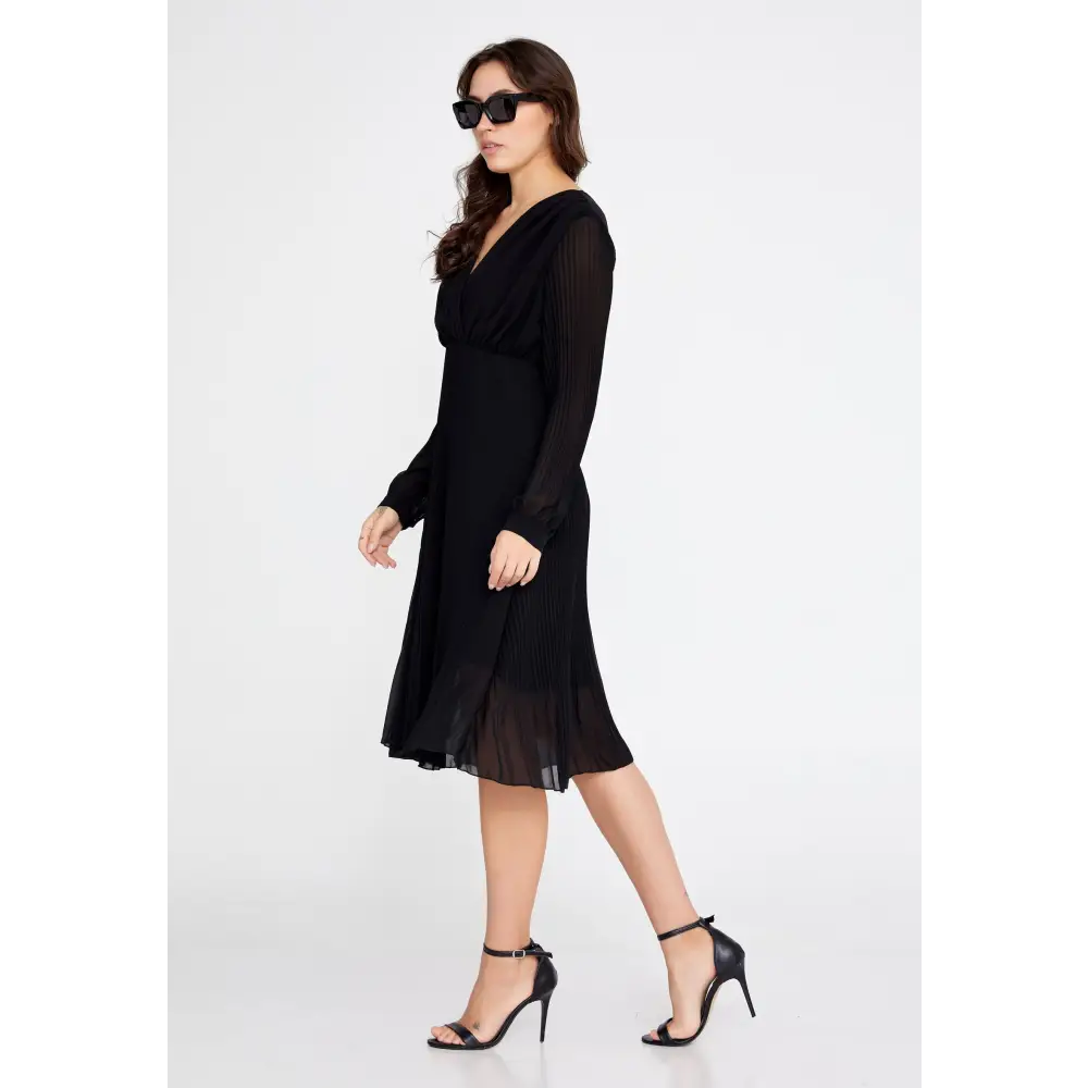 Black Chiffon Midi Dress – Sleek Long Sleeve Design - Casual Dress