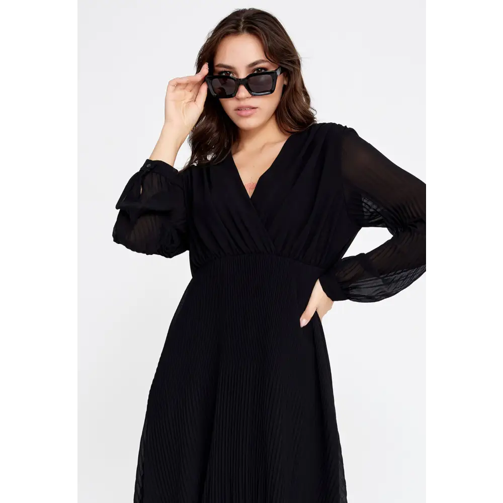 Black Chiffon Midi Dress – Sleek Long Sleeve Design - Casual Dress