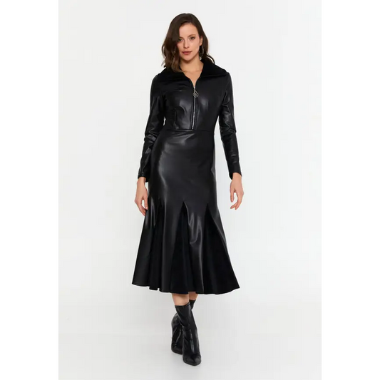 Black Faux Leather Midi Dress – Chic & Sleek - Black / 36 - Casual Dress