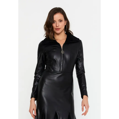 Black Faux Leather Midi Dress – Chic & Sleek - Casual Dress