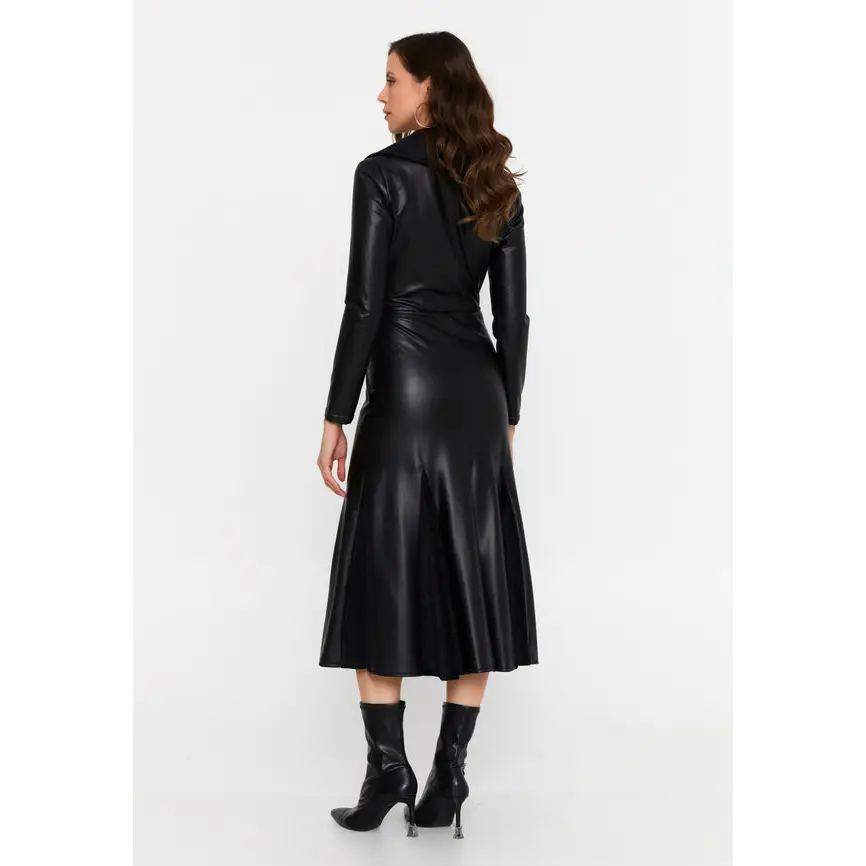Black Faux Leather Midi Dress – Chic & Sleek - Casual Dress