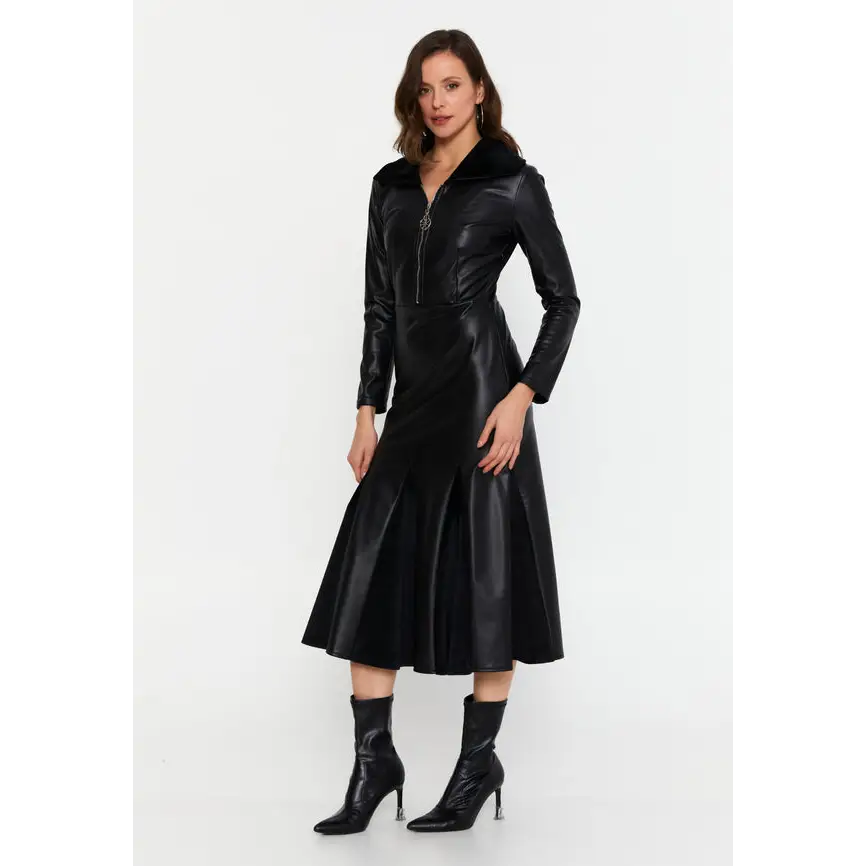 Black Faux Leather Midi Dress – Chic & Sleek - Casual Dress