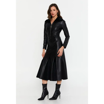 Black Faux Leather Midi Dress – Chic & Sleek - Casual Dress