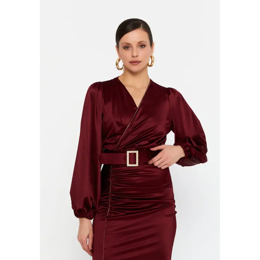 Bordeaux Satin Midi Dress – Elegant Long Sleeve Fit - Burgundy / 36 - Evening Dress