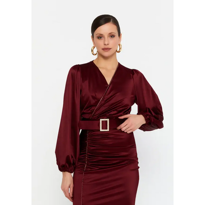 Bordeaux Satin Midi Dress – Elegant Long Sleeve Fit - Burgundy / 36 - Evening Dress