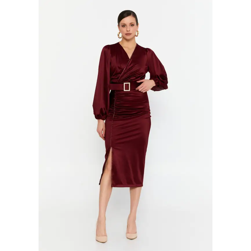 Bordeaux Satin Midi Dress – Elegant Long Sleeve Fit - Evening Dress