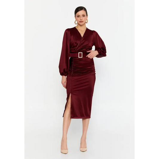 Bordeaux Satin Midi Dress – Elegant Long Sleeve Fit - Evening Dress