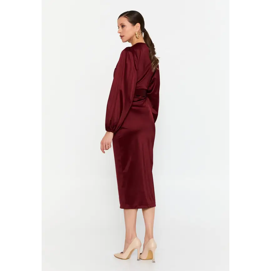 Bordeaux Satin Midi Dress – Elegant Long Sleeve Fit - Evening Dress