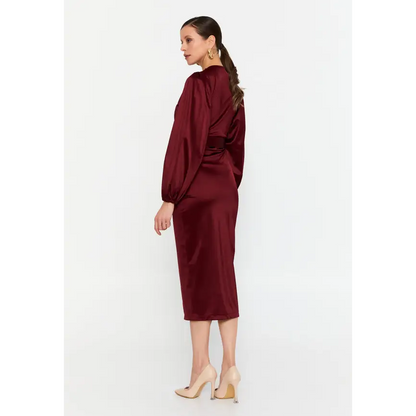 Bordeaux Satin Midi Dress – Elegant Long Sleeve Fit - Evening Dress
