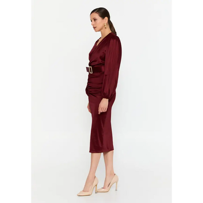 Bordeaux Satin Midi Dress – Elegant Long Sleeve Fit - Evening Dress