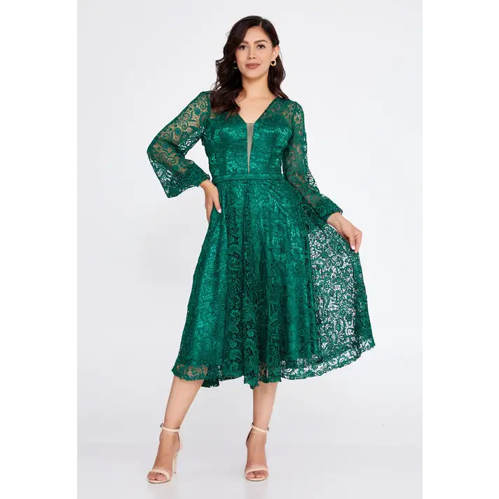 Champagne Lace Midi Dress – Elegant Long Sleeve Wedding Look - Green / 38 - Wedding Guest Dress