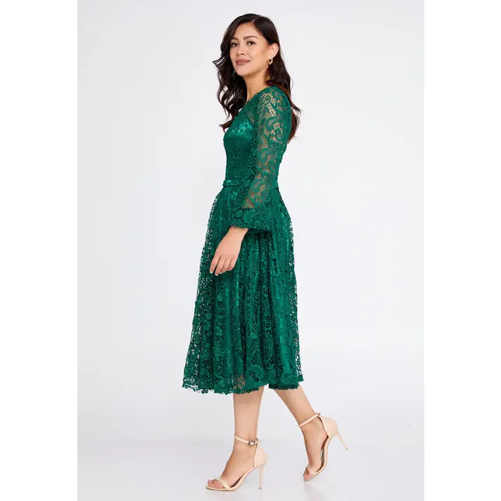 Champagne Lace Midi Dress – Elegant Long Sleeve Wedding Look - Wedding Guest Dress