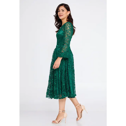 Champagne Lace Midi Dress – Elegant Long Sleeve Wedding Look - Wedding Guest Dress