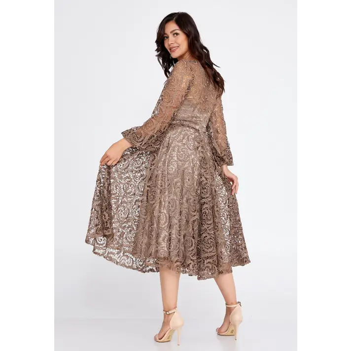 Champagne Lace Midi Dress – Elegant Long Sleeve Wedding Look - Wedding Guest Dress