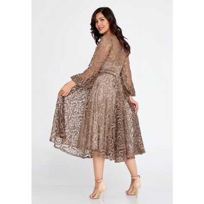 Champagne Lace Midi Dress – Elegant Long Sleeve Wedding Look - Wedding Guest Dress