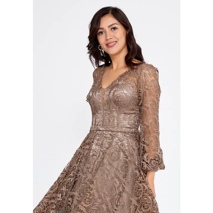 Champagne Lace Midi Dress – Elegant Long Sleeve Wedding Look - Wedding Guest Dress