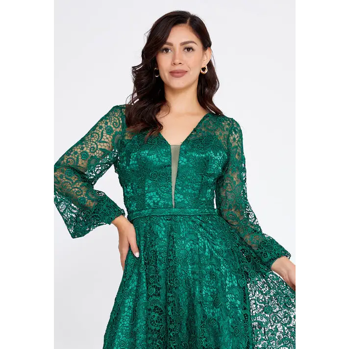 Champagne Lace Midi Dress – Elegant Long Sleeve Wedding Look - Wedding Guest Dress