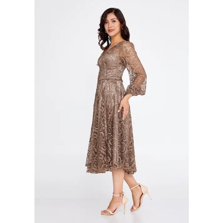 Champagne Lace Midi Dress – Elegant Long Sleeve Wedding Look - Wedding Guest Dress