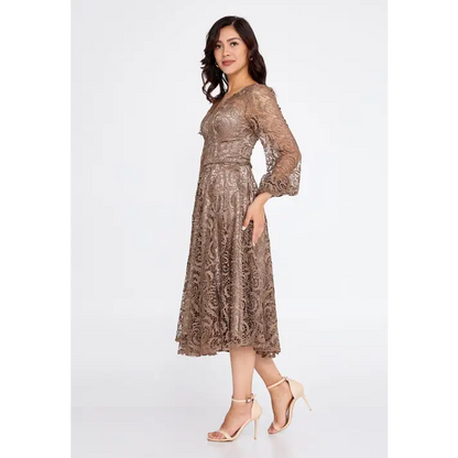 Champagne Lace Midi Dress – Elegant Long Sleeve Wedding Look - Wedding Guest Dress