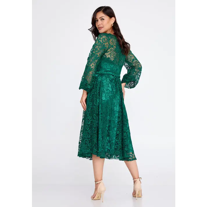 Champagne Lace Midi Dress – Elegant Long Sleeve Wedding Look - Wedding Guest Dress
