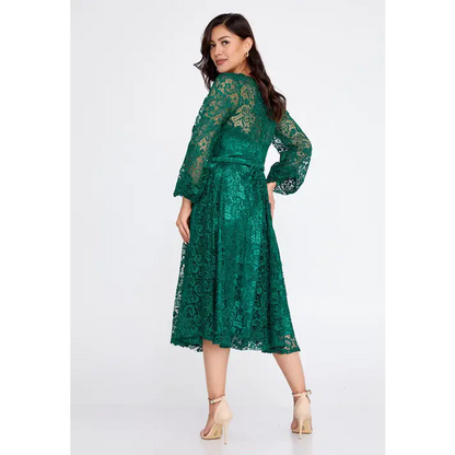 Champagne Lace Midi Dress – Elegant Long Sleeve Wedding Look - Wedding Guest Dress