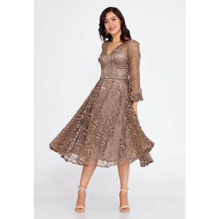 Champagne Lace Midi Dress – Elegant Long Sleeve Wedding Look - Mink / 38 - Wedding Guest Dress