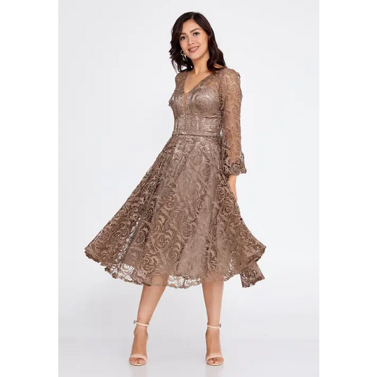 Champagne Lace Midi Dress – Elegant Long Sleeve Wedding Look - Mink / 38 - Wedding Guest Dress
