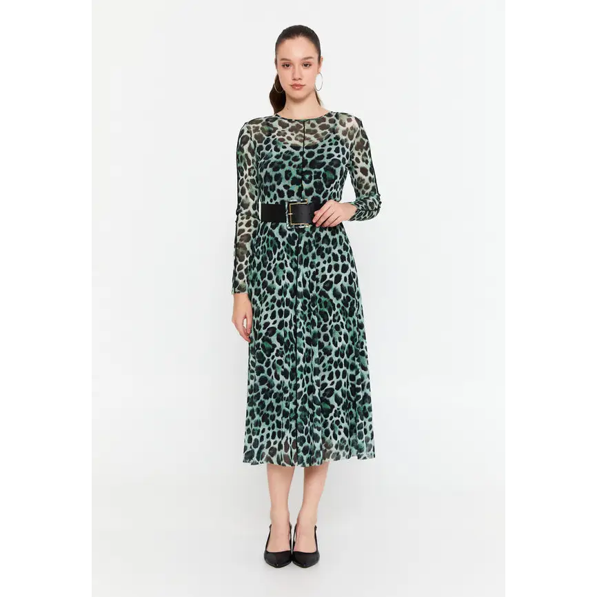 Chic Midi Dress with Long Sleeves Lycra Column - Green-Black / 36 - Casual Dress