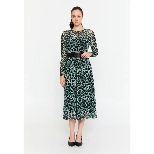 Chic Midi Dress with Long Sleeves Lycra Column - Green-Black / 36 - Casual Dress