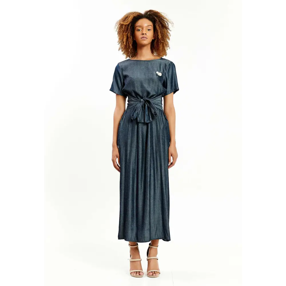 Crepe Maxi Dress – Short Sleeve Relaxed Elegance - 36 - Casual Dress