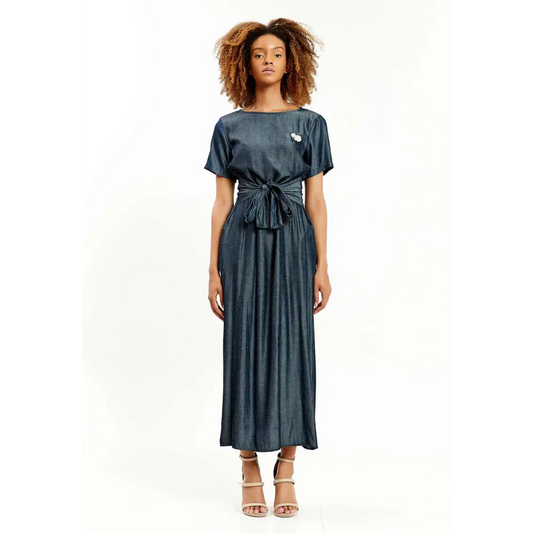 Crepe Maxi Dress – Short Sleeve Relaxed Elegance - 36 - Casual Dress