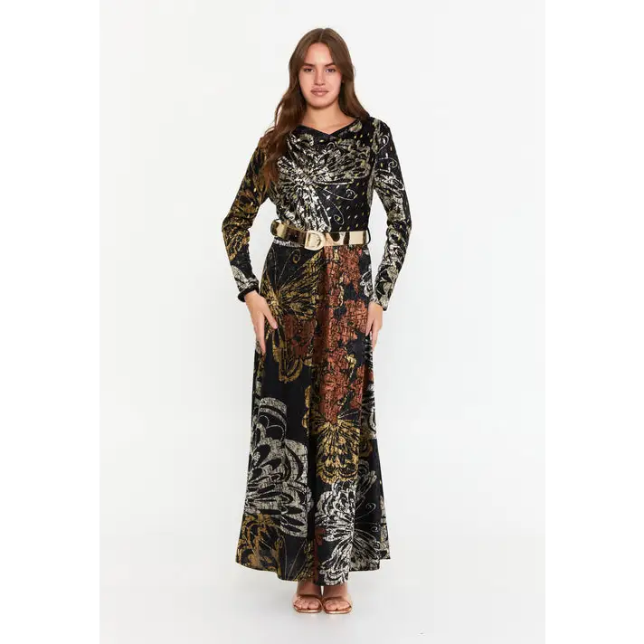 Dark Olive Velvet Maxi Dress – Luxe Long Sleeve Silhouette - Black-Multicolor / 38 - Casual Dress