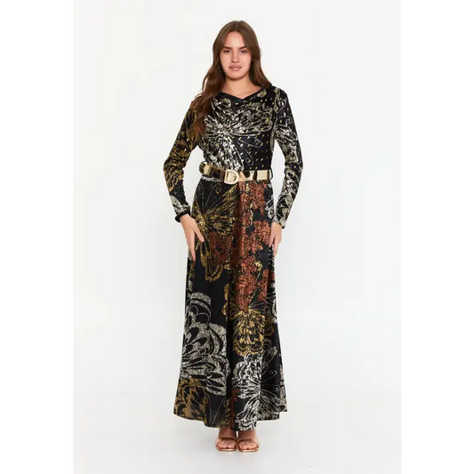 Dark Olive Velvet Maxi Dress – Luxe Long Sleeve Silhouette - Black-Multicolor / 38 - Casual Dress