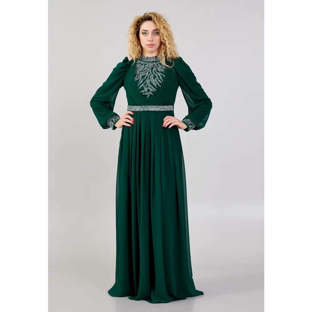 Emerald Chiffon Maxi Dress – Elegant Long Sleeve Gown - 38 - Evening Dress