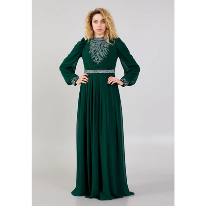 Emerald Chiffon Maxi Dress – Elegant Long Sleeve Gown - 38 - Evening Dress