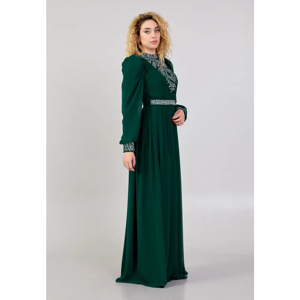 Emerald Chiffon Maxi Dress – Elegant Long Sleeve Gown - Evening Dress