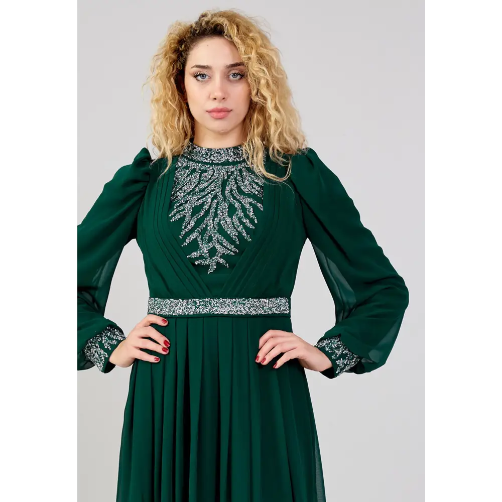 Emerald Chiffon Maxi Dress – Elegant Long Sleeve Gown - Evening Dress