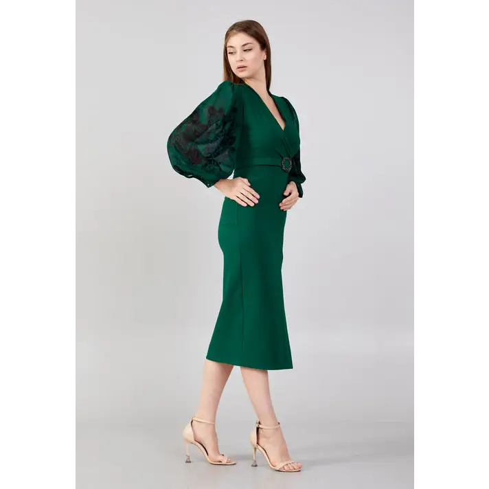 Emerald Green Midi – Sleek Long Sleeve Evening Dress - Evening Dress