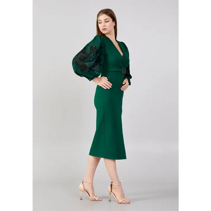 Emerald Green Midi – Sleek Long Sleeve Evening Dress - Evening Dress