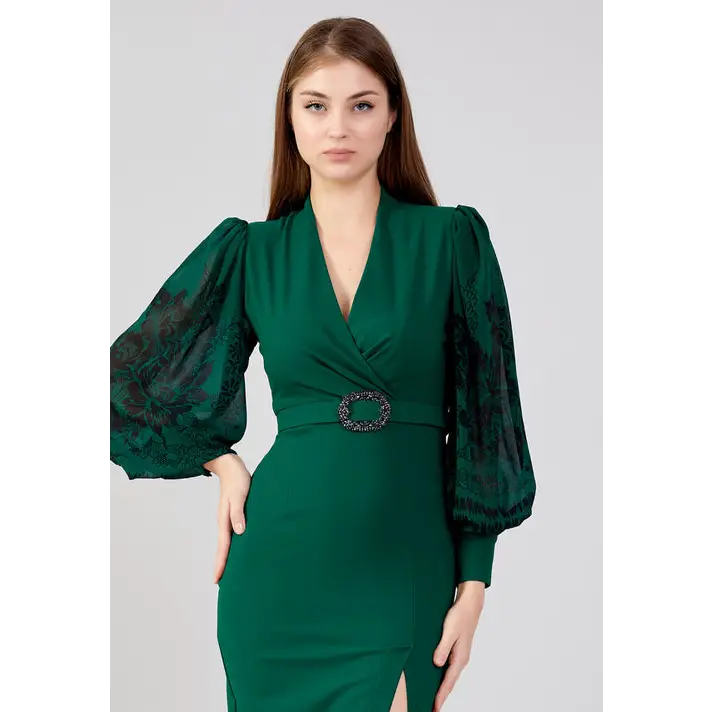 Emerald Green Midi – Sleek Long Sleeve Evening Dress - Evening Dress