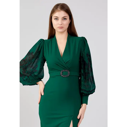 Emerald Green Midi – Sleek Long Sleeve Evening Dress - Evening Dress