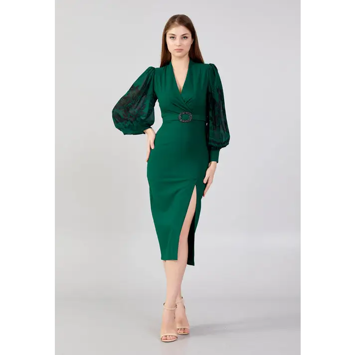 Emerald Green Midi – Sleek Long Sleeve Evening Dress - Green / 36 - Evening Dress