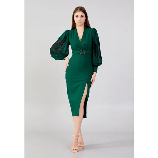 Emerald Green Midi – Sleek Long Sleeve Evening Dress - Green / 36 - Evening Dress