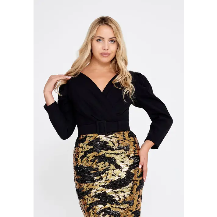 Gold Sequin Midi Dress – Glam Long Sleeve Statement - Evening Dress