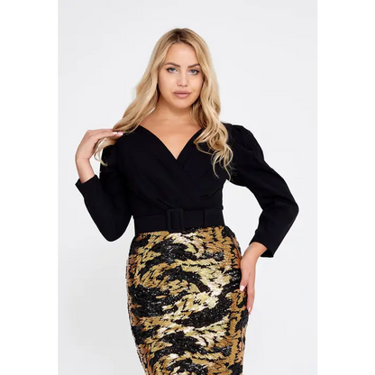 Gold Sequin Midi Dress – Glam Long Sleeve Statement - Evening Dress