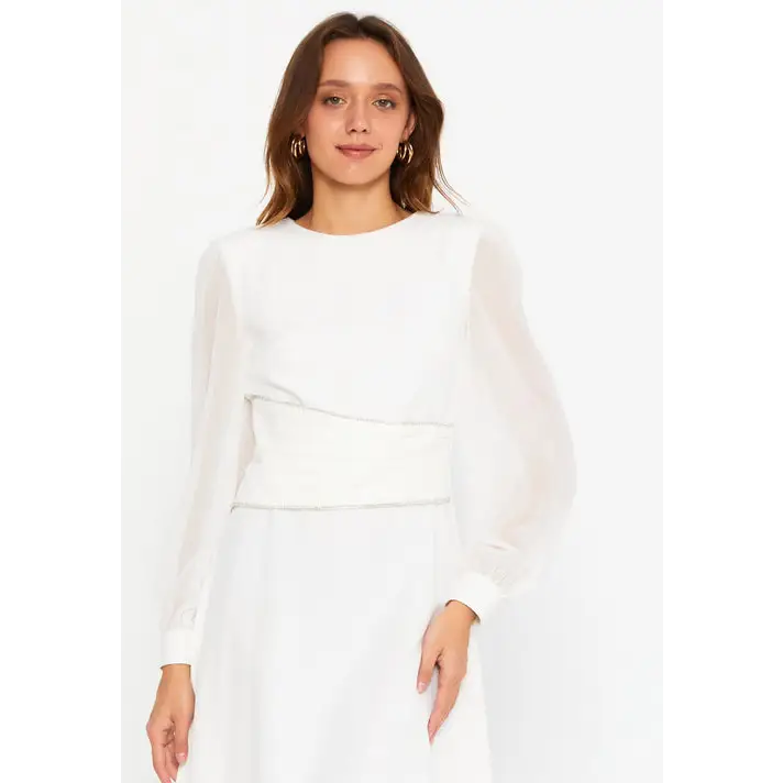 Ivory Viscose Midi Dress – Clean Long Sleeve Classic - Casual Dress