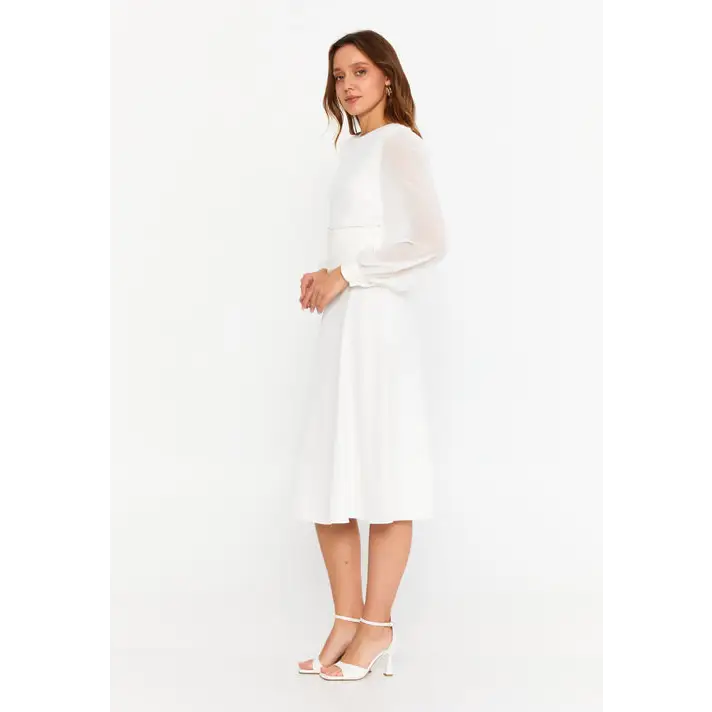 Ivory Viscose Midi Dress – Clean Long Sleeve Classic - Casual Dress